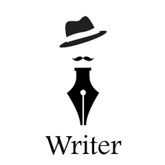 Vector logo Journalist. Fountain pen, Writer with moustache and hat