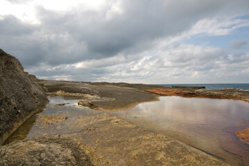 Kerpe Rocks and Pink Rocks. Amazing sunset view on the beach made up of different rock shapes. Colorful fine art image. Giant rocks on the beach. Kerpe, Kocaeli Izmit, Turkey.