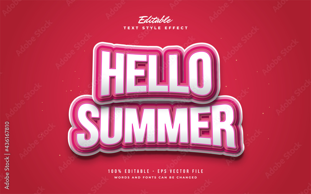 Fototapete hello summer text in white and red with cartoon style and bulge effect. editable text style effect