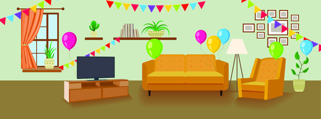 Vector party room, birthday surprise party decorations, colorful background template.
