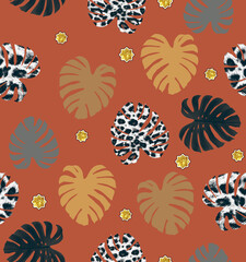 Cute Tropical Leaves Abstract Pattern Seamless Design Element with Trendy Fashion Colors Elegant Concept Perfect for Fabric Print Wrapping Paper