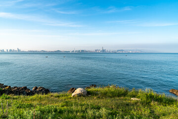 Overlooking the skyline of Qingdao City coastline