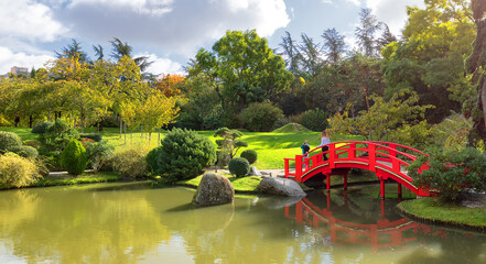 A view of Japanese garden on a sunny day. Compans Caffarelli district. Toulouse, France