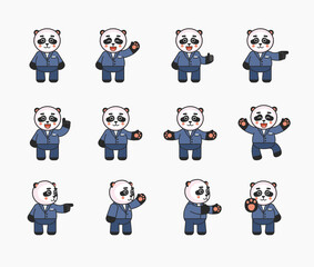 Fototapeta na wymiar Set of cute panda characters in business suit showing various hand gestures. Kawaii panda pointing, greeting, showing thumb up, stop and other gestures. Vector illustration