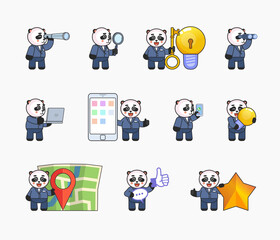 Set of panda characters in business suit showing various actions. Cute panda holding magnifier, spyglass, idea lightbulb, talking to phone and showing other situations. Vector illustration