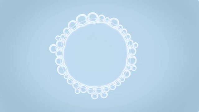 Bubble cluster of three small white bubbles connects to big white bubble with small ones sliding on its surface against pale blue background | Shot of skincare lotion ingredients for its commercial