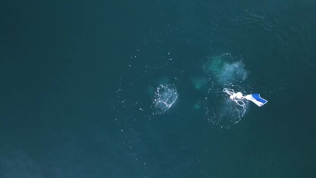 Unique view of scuba divers underwater with bubbles breaking the surface of the water. Drone high view looking down