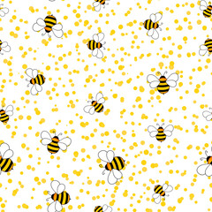 Seamless pattern with bees on white polka dots background. Small wasp. Vector illustration. Adorable cartoon character. Template design for invitation, cards, textile, fabric. Doodle style