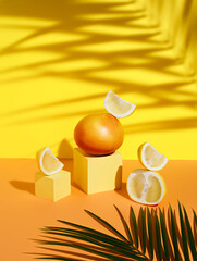 Oranges and lemon placed on cubes with palm leaf against two tone orange and yellow background. Creative food or drink concept. Juicy summer fruit refreshment with trend shadows.
