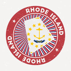 Rhode Island round stamp. Logo of US state with state flag. Vintage badge with circular text and stars, vector illustration.