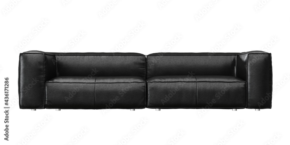 Wall mural 2 seat black color leather sofa with stainless steel legs on white background. front view. isolate b