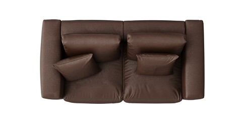 2 seat fabric dark brown color withe pillow leather sofa comfy on white background. top view. isolate background.