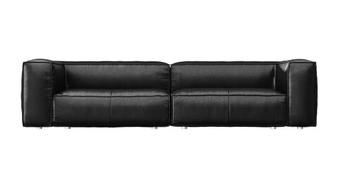 2 seat black color leather sofa with stainless steel legs on white background. front view. isolate background.