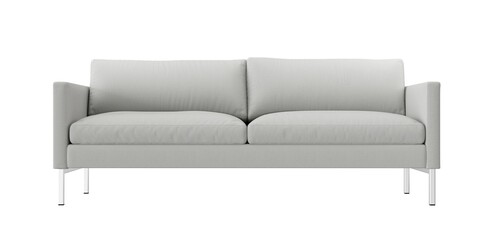 2 seat fabric light gray color sofa with stainless steel legs on white background. front view. isolate background.