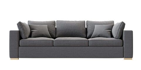 3 seat dark gray color fabric sofa with gold legs on white background. front view. isolate...