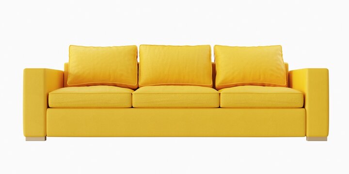 3 seat yellow color leather sofa on white background. front view. isolate background.