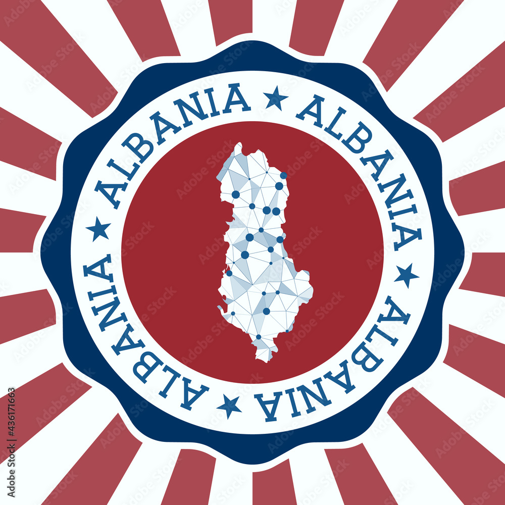 Poster albania badge. round logo of country with triangular mesh map and radial rays. eps10 vector.