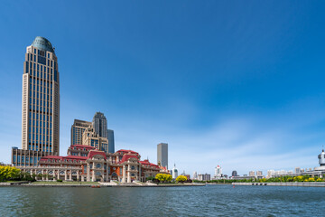 Naklejka premium Street View of modern architecture along Haihe River in Tianjin