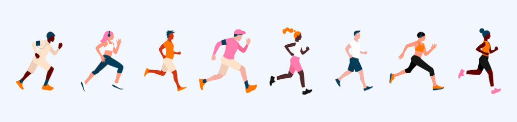 Fototapeta na wymiar A poster with a group of people with different skin colors running a marathon. Active and healthy lifestyle. Vector illustration on an isolated background. Eps 10