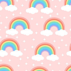 Seamless cartoon texture with rainbow, cute clouds and stars on a pink background. Vector illustration for fabrics, textures, wallpapers, posters, stickers. Childish fun print. Editable elements.