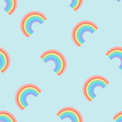 Seamless cartoon texture with rainbow on a blue background. Vector illustration for fabrics, textures, wallpapers, posters, postcards. Childish fun print. Editable elements.