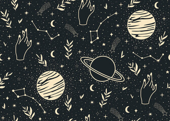 Cosmic minimalistic seamless pattern. Contemporary modern minimalistic seamless pattern. Space boho background with stars, comets shapes. Trendy vector illustration perfect for prints