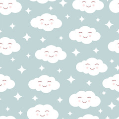 Cute seamless pattern with smiling clouds and white stars on a grey background. Vector illustration for fabrics, textures, wallpapers, posters, postcards. Childish fun print. Editable elements.