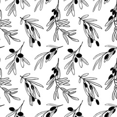 Modern ink minimalistic seamless pattern. Contemporary black and white background with olives branches shapes. Trendy vector illustration perfect for prints, fabric, wrapping paper, textile, wallpaper