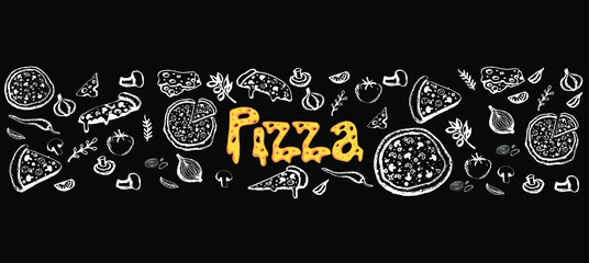 Doodles pizzas and ingredients on the black background. Hand drawn food template for cafe, restaurant, pizzeria. Vector illustration.