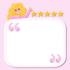 Vector social media template, feedback post with quotes, five stars and space for text, on pink background. Blonde woman, showing thumb; smiling and happy