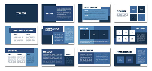 Presentation template. Blue and white rectangles flat design, 12 slides. Title, detail, development, element, process description, methodology, service, team, solution.
