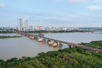Fototapeta na wymiar Aerial view of Long Bien bridge in Hanoi, Vietnam