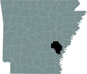 Fototapeta na wymiar Black highlighted location map of the US Arkansas county inside gray map of the Federal State of Arkansas, USA