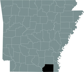 Black highlighted location map of the US Ashley county inside gray map of the Federal State of Arkansas, USA