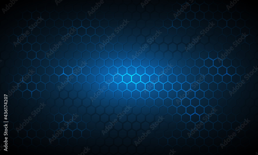 Poster dark blue technology hexagonal vector background. abstract blue bright energy flashes under hexagon 