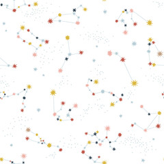 Starry night sky vector seamless pattern. Astrological consternation background. Zodiac star sign Milky Way space print design.