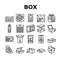 Box Carton Container Collection Icons Set Vector. Sushi Delivering And Pizza, Box For Tea And Coffee, Mobile Phone And Tv Plazma Black Contour Illustrations