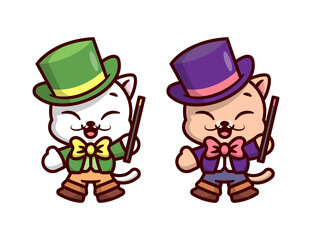 CUTE CAT IS WEARING MAGICIAN CLOTHES AND HOLDING A MAGICIAN STICK IN TWO COLOR OPTION. HIGH QUALITY CARTOON MASCOT DESIGN. 