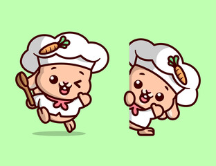 CUTE LITTLE WHITE BUNNY CHEF IN TWO DESIGN OPTION. HIGH QUALITY CARTOON MASCOT DESIGN.