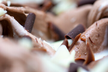 Macro on chocolate and vanilla ice cream with sweet flakes 