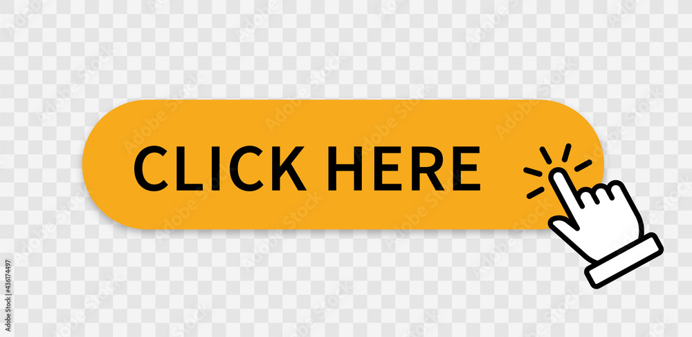 Poster click here yellow button with hand cursor. click hand pointer clicking. click here banner with shado