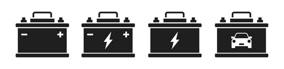 Car battery icon collection. Energy power accumulator. Automotive charge sign. Auto battery symbols isolated on white background. Vector illustration. - obrazy, fototapety, plakaty