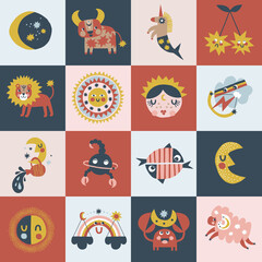 Zodiac character patchwork tiles vector seamless pattern. Childish cartoon horoscope tiled background. Magical Boho baby spiritual astrological design. Scandinavian decorative childish print.