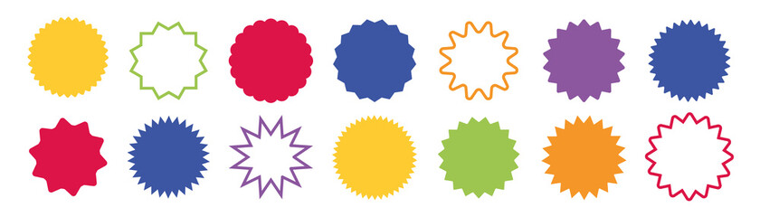 Set colorful star burst in retro style on white background. Starburst speech bubble round badge. Stars for sale stickers or label. Vector illustration.