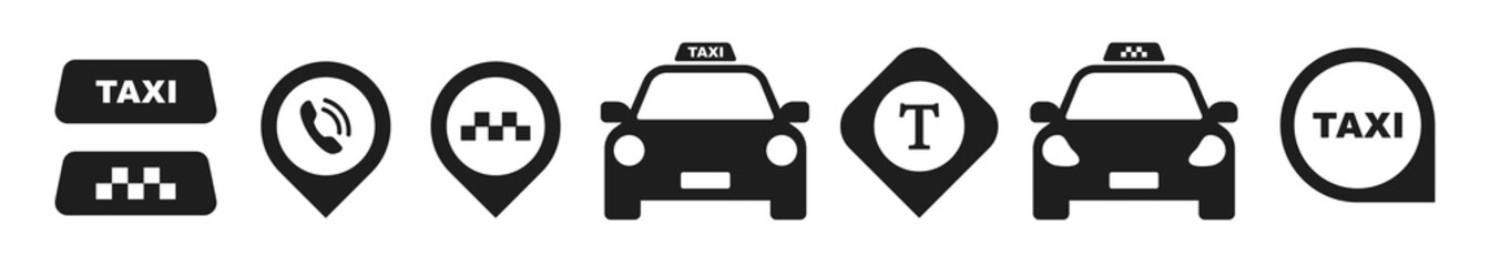 Taxi service icon set. Taxi checkered, map pin, car, auto trip vector symbols. Design element for taxi service isolated. - obrazy, fototapety, plakaty