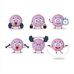 A healthy strawberry biscuit cartoon style trying some tools on Fitness center