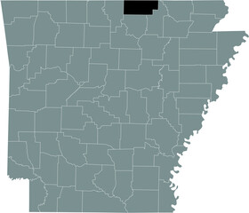 Black highlighted location map of the US Fulton county inside gray map of the Federal State of Arkansas, USA