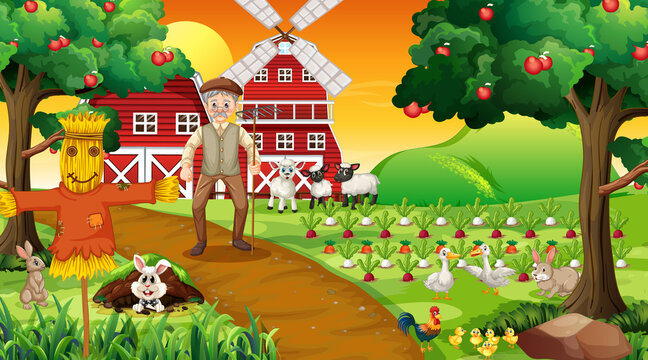 Farm scene at sunset with old farmer man and cute animals