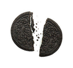 Stuffed cookies and cream flavor, Broken piece with crumbs, Tasty sweet snack, Isolated on white background