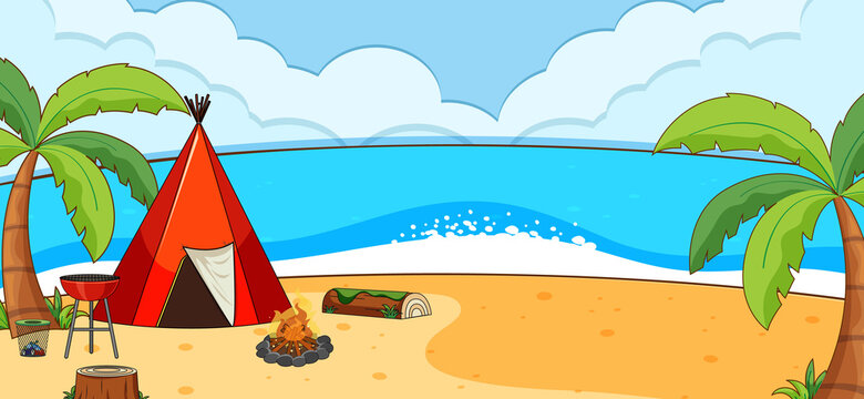 Beach outdoor scene with a camping tent along the beach